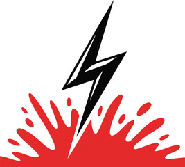 Fototapeta premium Black lightning bolt with red splatter on white background energetic graphic design element