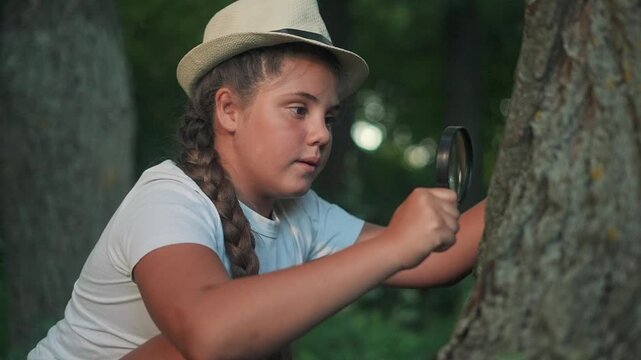 Explorer girl observes nature. Girl learning through research in forest. Kid shows curiosity student. Girl investigates like scientist. Research helps child explore nature. Curiosity drives learning.