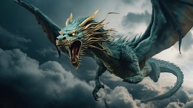 Majestic blue dragon soaring through stormy clouds with outstretched wings and snarling jaws