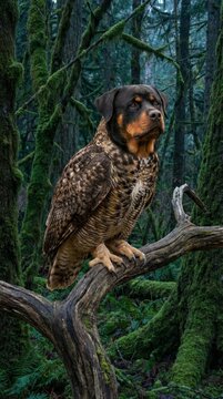 Rottweiler Owl Hybrid Perched on Mossy Branch in Misty Forest &ndash; Fantasy Animal Portrait