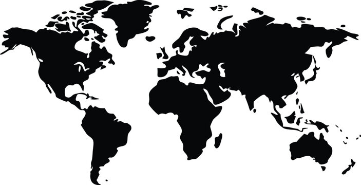 World map silhouette black continents isolated on transparent background for global presentation.