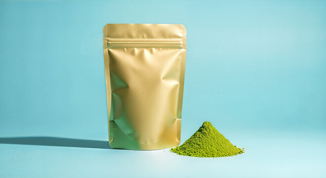 blank gold foil standing pouch bag packaging mockup pile green matcha tea powder blue background organic natural healthy product diet drink concept