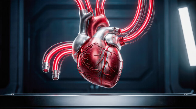 metallic artificial human heart suspended glowing red tubes dark high tech medical laboratory background modern cardiology biomedical engineering surgery concept