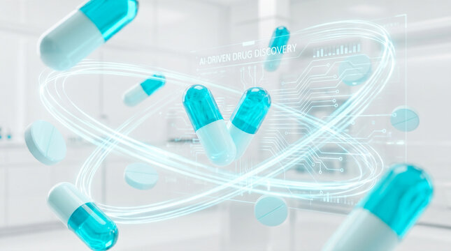 blue white medical pills floating within glowing digital interface representing artificial intelligence driven drug discovery modern pharmaceutical research healthcare science laboratory pharmacy
