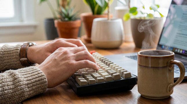 unrecognizable person typing on retro mechanical keyboard next to steaming hot coffee mug on wooden desk representing cozy modern home office workspace