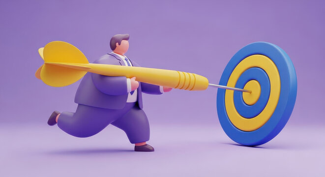 Business person running with dart hitting target, representing business success, strategy, and achieving goals