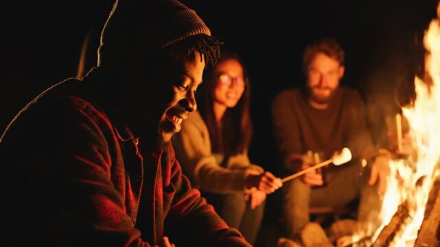 Happy diverse friends roasting marshmallows around campfire at night