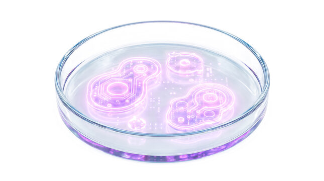 Glowing pink biological cells inside transparent glass petri dish synthetic biology artificial microbiology laboratory research futuristic scientific medical advanced technology