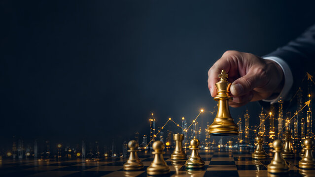 Golden chess piece business strategy investment leadership success planning finance growth opportunity decision making on chessboard with city lights background