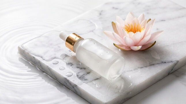 Skincare cosmetic dropper bottle frosted glass gold cap resting wet white marble slab gentle water drops beautiful pink lotus flower spa background