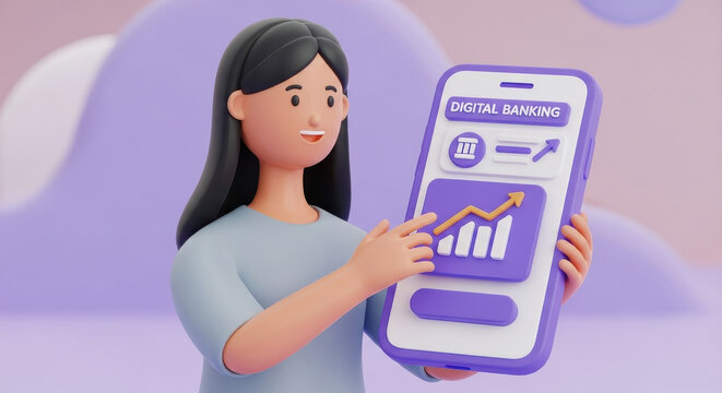 Woman using mobile banking app with financial chart on screen, digital finance concept for online transactions