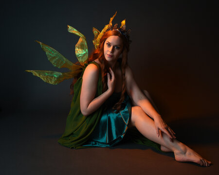 portrait of female model wearing fantasy fairy costume, green dress, cloak, butterfly wings and crown. full length sitting pose, kneeling on floor, dark studio background.
