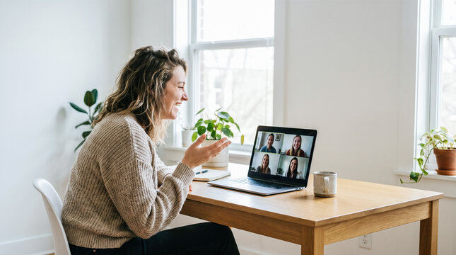 Happy woman smiling talking video call laptop computer remote work home office online meeting communication internet connection business lifestyle presentation concept