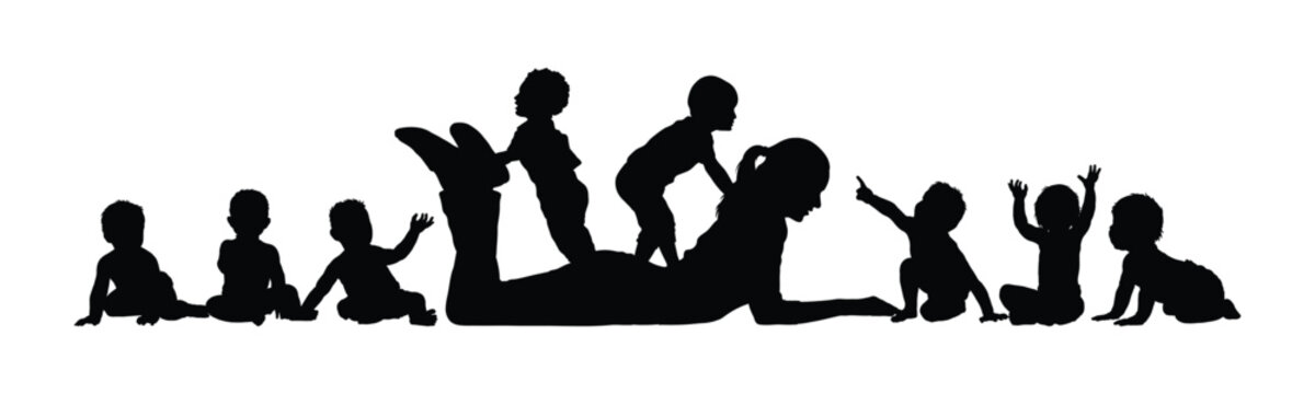 Woman playing with cute group babies while lying on the floor in orphanage black silhouettes vector illustration flat graphic.