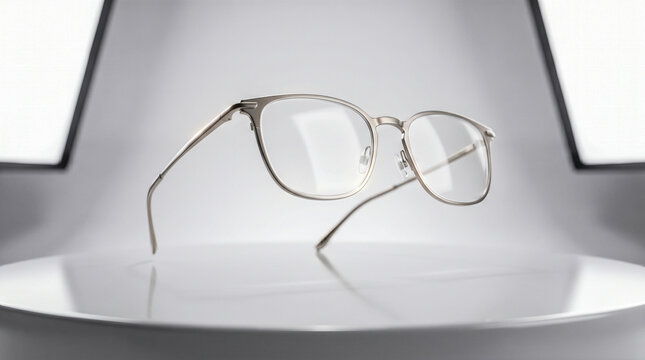 Modern transparent smart glasses floating above blank white circular podium augmented reality digital technology eyewear presentation mockup template clean minimal lifestyle concept