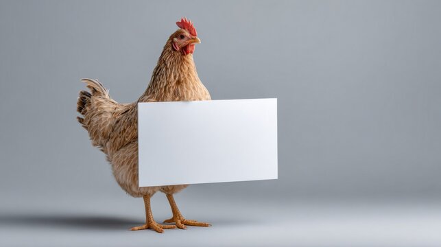 A plump chicken holding a blank sign on a smooth gray background.