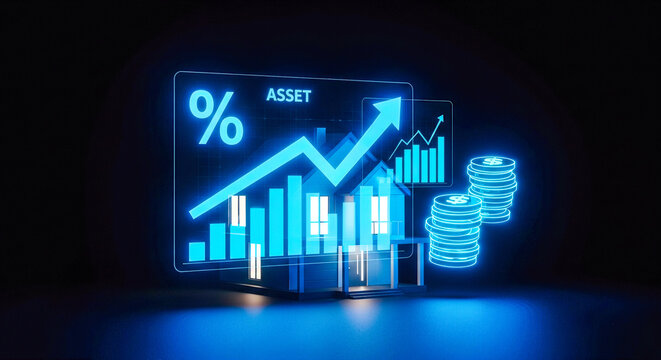 Glowing blue holographic house model with financial growth graphs charts rising arrow percent sign coins stacks real estate investment property market statistics analysis