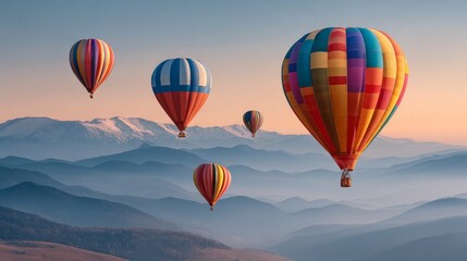 Fototapeta premium Colorful hot air balloons floating over serene mountains at sunrise.