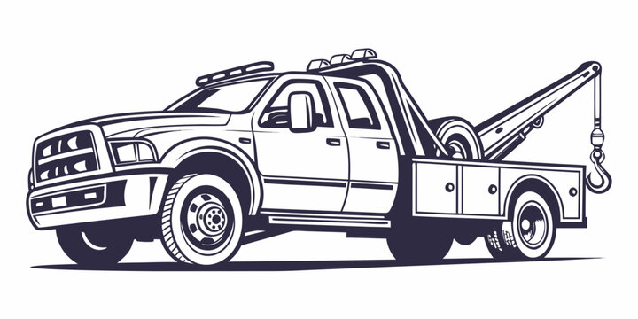 Detailed line art graphic of a medium duty towing vehicle with a flatbed and boom transport recovery automotive roadside assistance machinery industrial illustration monochrome isolated