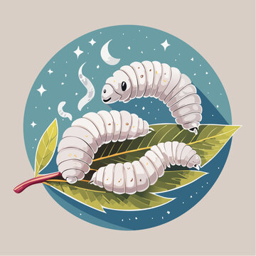 Cute Silkworms on a Leaf Under the Moon and Stars