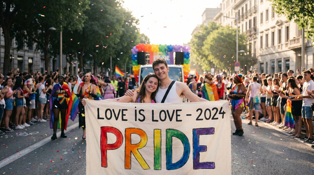 Young couple at a crowded outdoor Pride Month parade holding a handmade banner, confetti falling through summer air, parade floats and costu 2