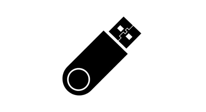 Minimal black silhouette icon, simple flat vector, bold black shape, no, no shading black silhouette icon of a usb flash drive on a, flat icon style