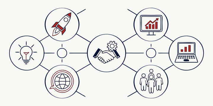 Business networking and corporate strategy concept diagram with business networking strategy handshake lightbulb corporate partnership management connection development analysis marketing