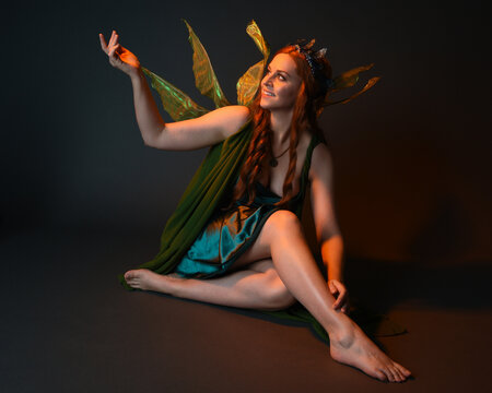 portrait of female model wearing fantasy fairy costume, green dress, cloak, butterfly wings and crown. full length sitting pose, kneeling on floor, dark studio background.