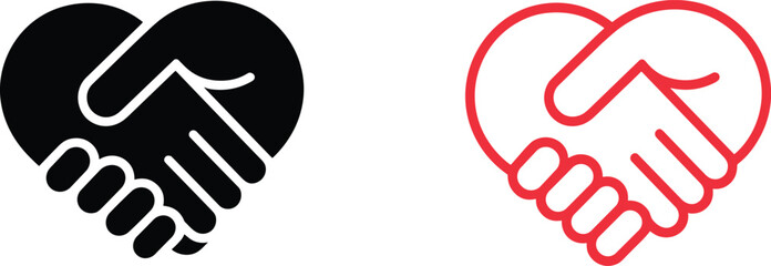 Fototapeta premium Black and Red Heart Shaped Handshake Icons Symbolizing Partnership and Love Keywords: handshake, partnership, agreement, cooperation