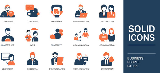 Fototapeta premium Business People Solid Icons Pack 1 with Teamwork Leadership and Communication Themes vector illustration