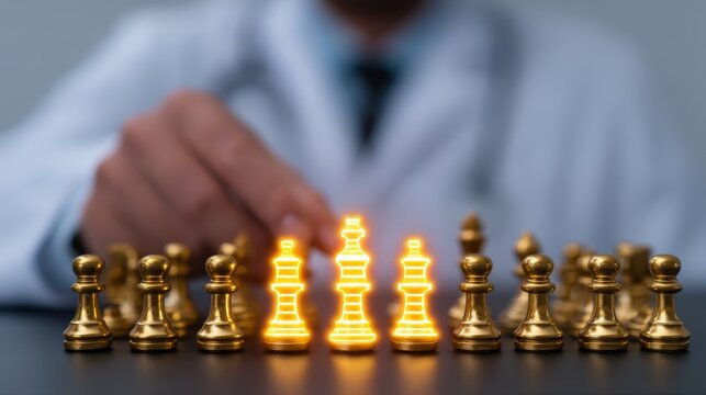 Medical professional, planning, wellness, caring, consultation, Wooden Doctor Deliberating and Choosing Glowing Option, Decision-Making Concept with Copy Space