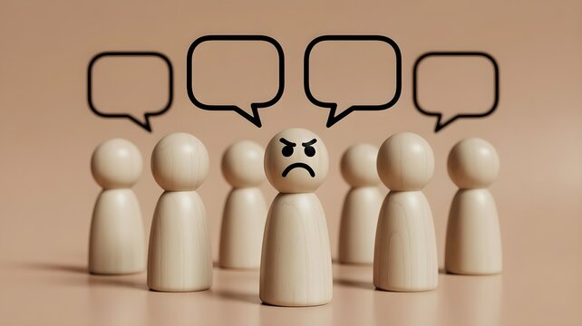 Angry wooden figure standing out among neutral blank avatars with speech bubbles representing workplace conflict bullying harassment hostile environment and communication issues