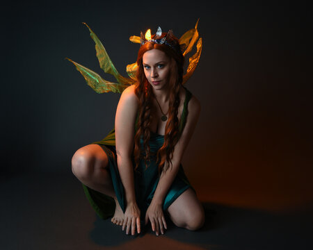 portrait of female model wearing fantasy fairy costume, green dress, cloak, butterfly wings and crown. full length sitting pose, kneeling on floor, dark studio background.