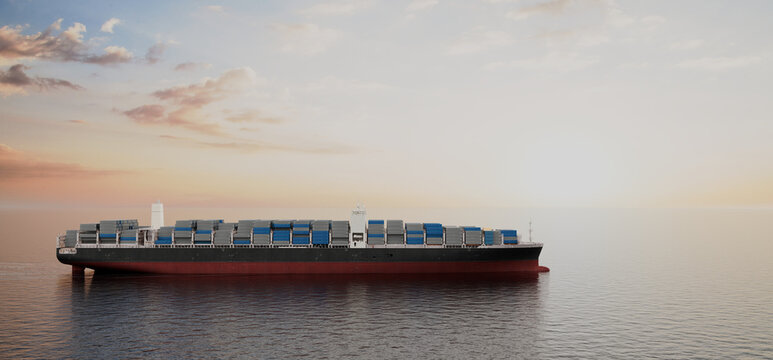 Container ship side view at sea at sunset, global shipping and logistics