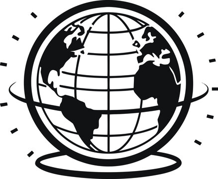 Globe icon with orbiting ring and latitude lines black and white flat vector graphic for design.