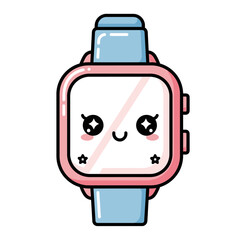 Fototapeta premium Cute Kawaii Smartwatch Character with Pink Bezel and Blue Strap, Smiling Face