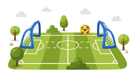 Overhead view of a cartoon soccer field with blue goals and a patterned ball, set against a bright, cheerful background featuring stylized trees and clouds, creating a playful and inviting © Jangkrik