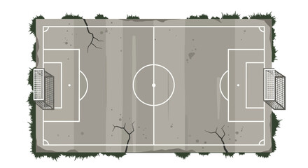 Overhead shot of a worn, vintage soccer field illustration with cracks and mossy edges, featuring a neutral gray and white color palette and a minimalist design, set against a stark white © Jangkrik