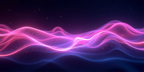 Fototapeta premium Abstract blue and purple background with glowing lines featuring a flowing wave of light and smoke swirls in a fractal motion design over a black backdrop illustration