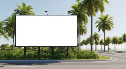 Fototapeta premium Blank billboard sign on a road with palm trees and lush greenery in a tropical setting