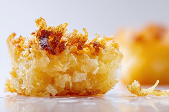 Close-up view of a deep-fried tater tot with visible potato shreds and a crispy golden-brown exterior, isolated on a neutral background.