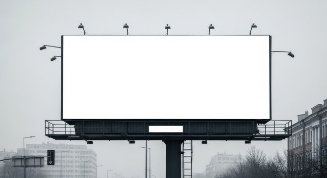 Vast blank billboard frame standing tall in an urban hazy cityscape, ready for your bold advertisement design.