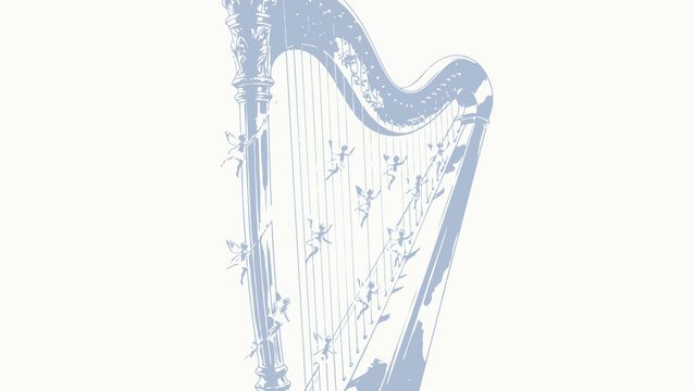 Ornately Carved Elegant Silver Harp With Tiny Glowing Blue Winged Fairies Plucking Strings, Delicate Dreamy Magical Fantasy Illustration On Soft White Background