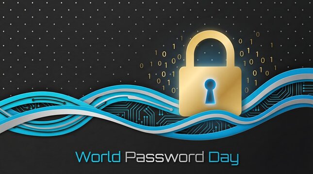 Golden padlock on digital binary wave background for World Password Day cybersecurity concept