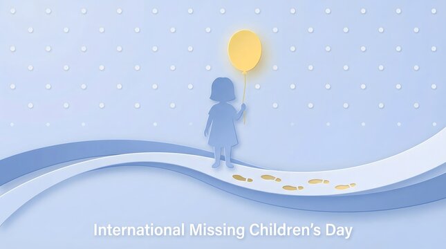 Silhouette of child with yellow balloon leaving footprints, symbolizing International Missing Children's Day on light blue background