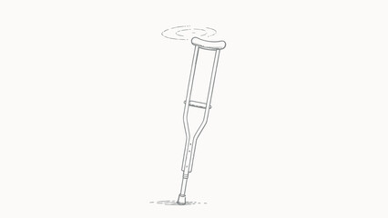 Obraz premium Minimalist Monochrome Line Art Cartoon of a Single Underarm Crutch Spinning, Balanced Upright On Its Rubber Tip Against Plain Off-White Background
