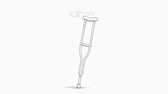 Minimalist Monochrome Line Art Cartoon of a Single Underarm Crutch Spinning, Balanced Upright On Its Rubber Tip Against Plain Off-White Background
