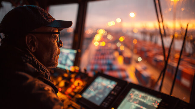 port crane operator controlling cargo terminal at sunset with industrial port and container yard view