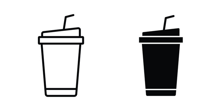 Disposable coffee cup icon with line stroke and black silhouette style