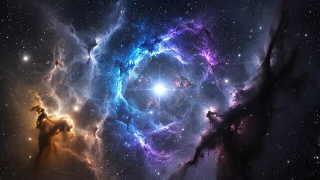 Colorful nebula ring with central star and asteroids